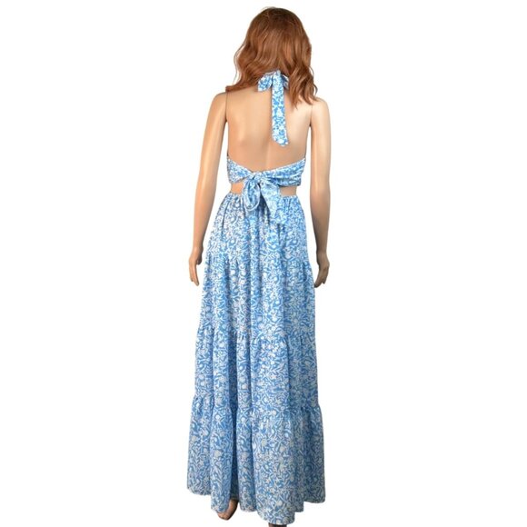 Blue & White Floral Backless Halter Maxi Dress With Tie Detail & Cutouts Aakaa - Picture 2 of 8